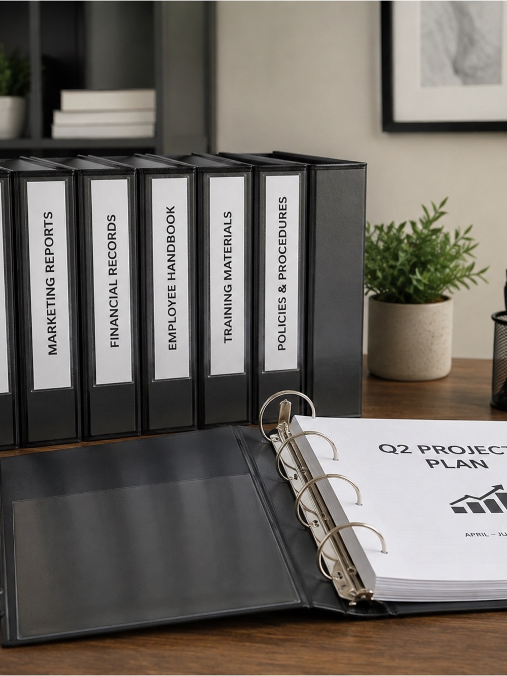 Brand new set of 6 black 3-inch durable 3-ring binders.
